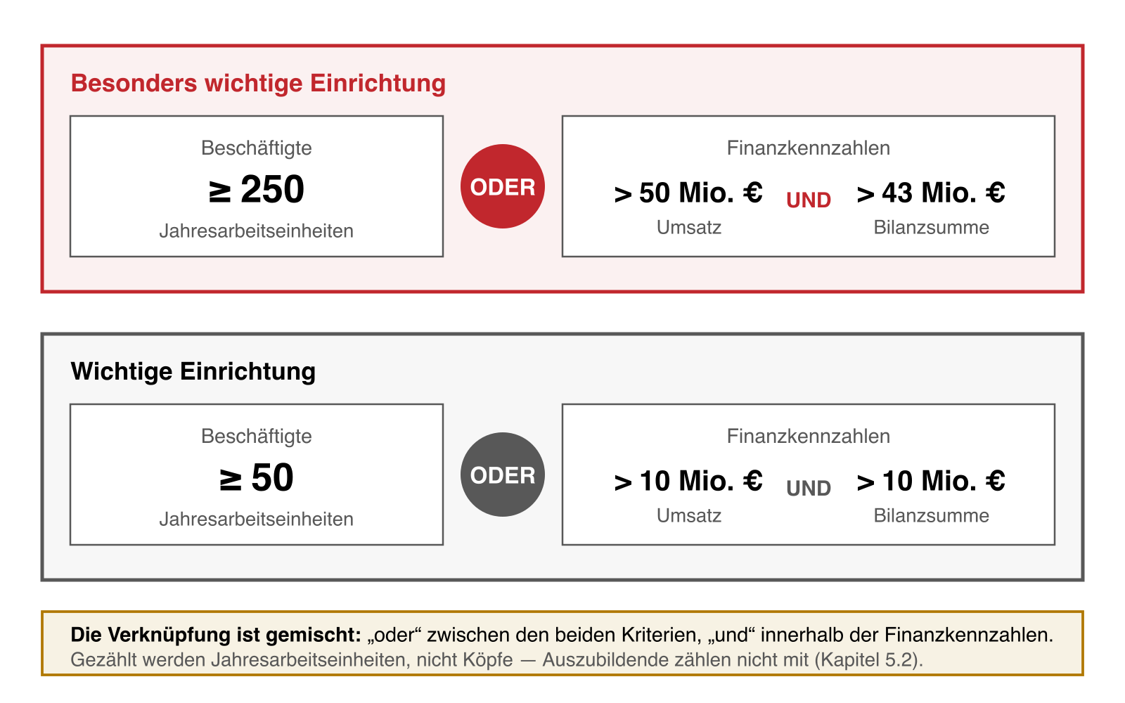 Darstellung der Schwellenwerte mit den Achsen Beschäftigtenzahl und Finanzkennzahlen sowie den Feldern für besonders wichtige und wichtige Einrichtungen.