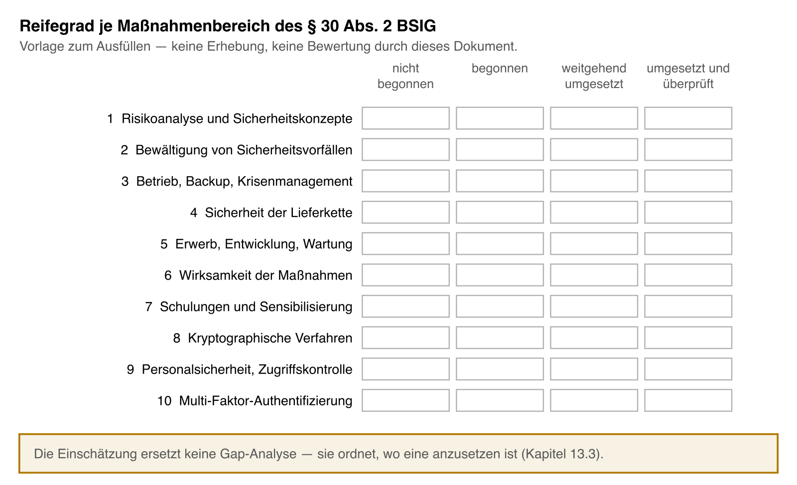 Vorlage zur Selbsteinschätzung des Reifegrads je Maßnahmenbereich mit einer Skala von nicht vorhanden bis etabliert.