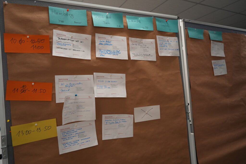 Pinnwand mit dem Sessionplan des Barcamps, Zeitfenstern und handbeschriebenen Themenkarten.